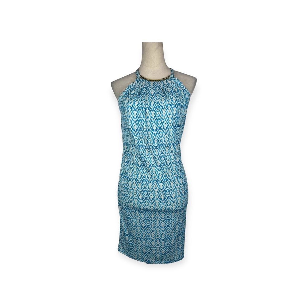 Michael Kors blue and white  print Dress gold metal piece at neckline size S